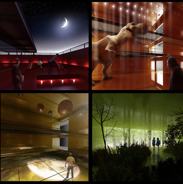 Vistas ilustrativas do interior dos “cubos”, parte das áreas de exposição com controle de iluminação, ventilação e acesso. Vistas ilustrativas do interior dos “cubos”, parte das áreas de exposição com controle de iluminação, ventilação e acesso.