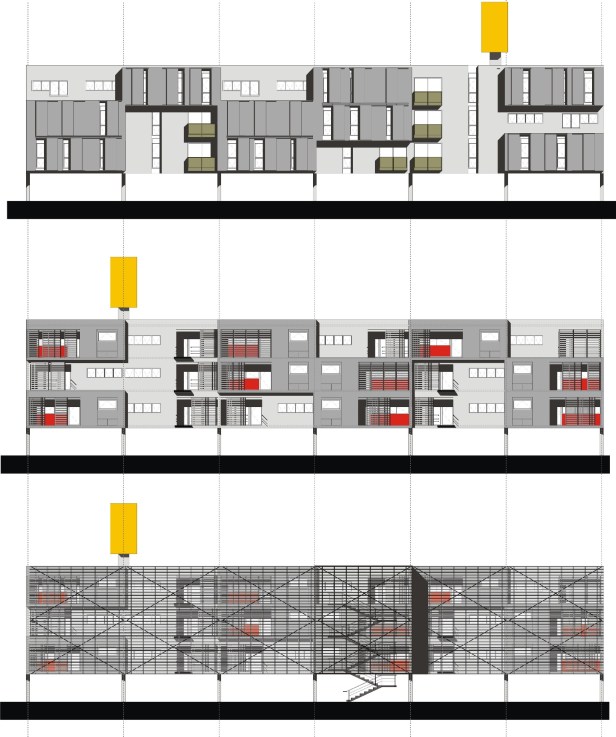 – Conjunto de fachadas (em primeiro, vista traseira; em segundo, vista intermediária; em terceiro, vista frontal)